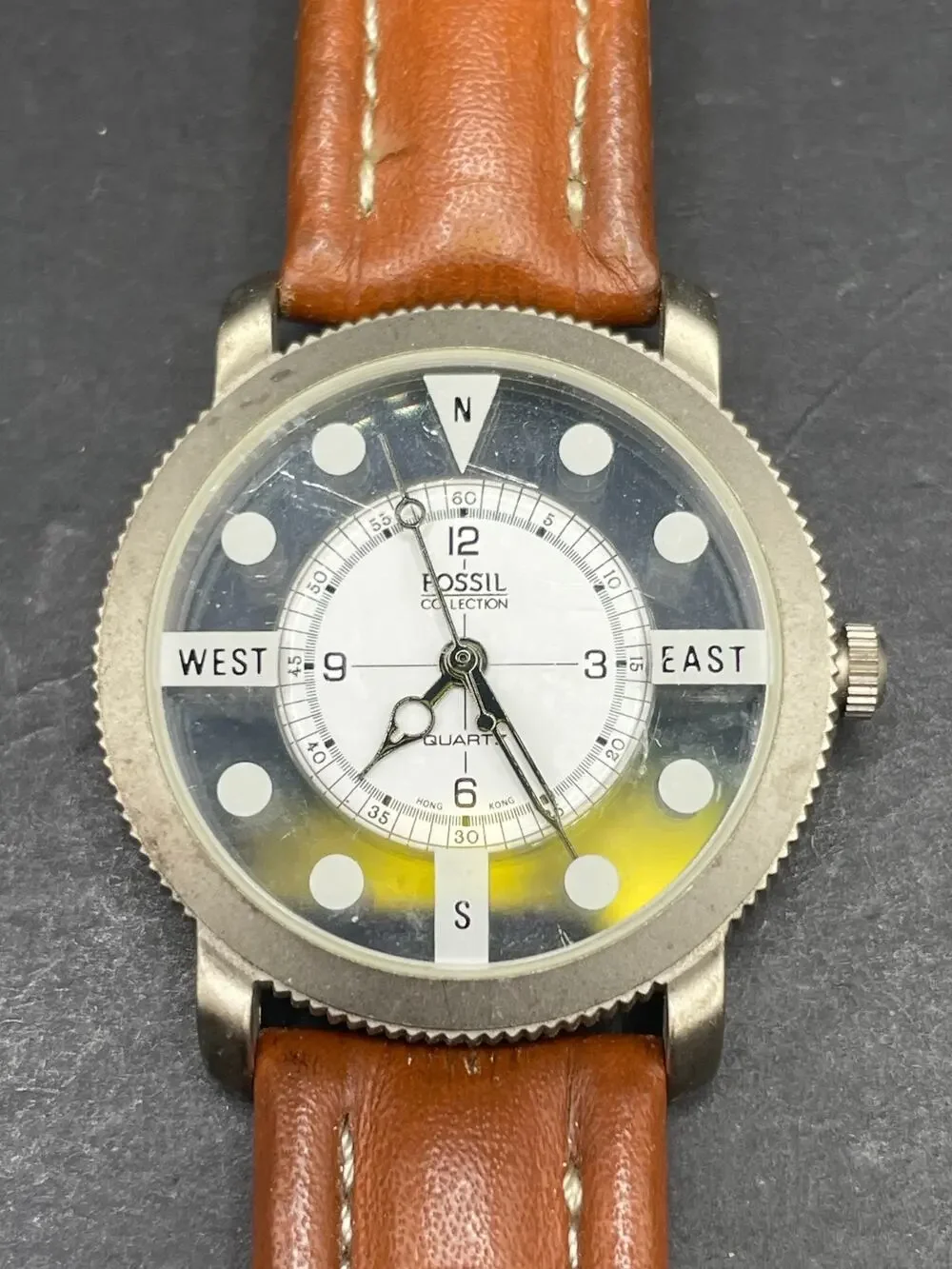 Vintage Fossil Collection Compass Dial Quartz Watch 34mm Tan Leather Band